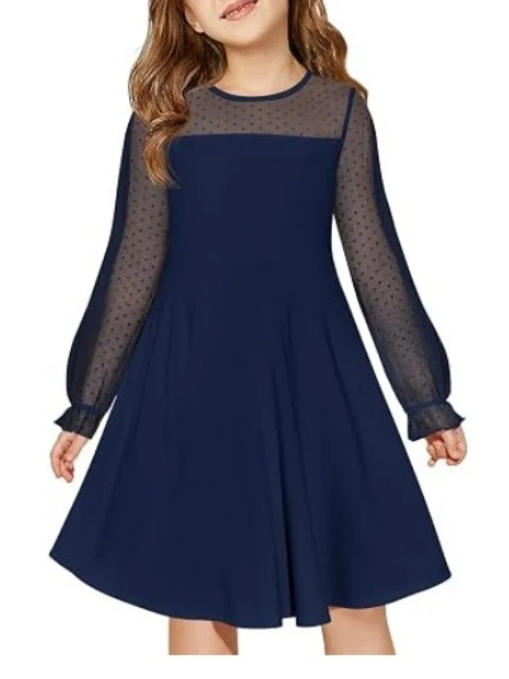 Girls Contrast Mesh Long Sleeve High Waist A Line Short Dress with Pocket Blue